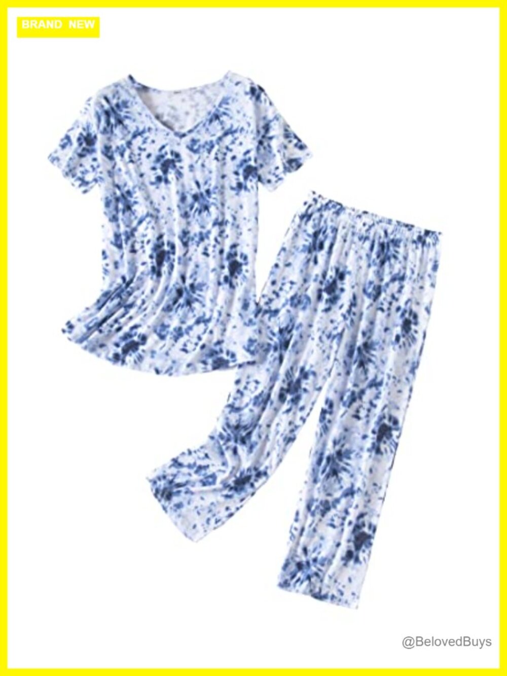 Womens 2 Piece Pajama Set Cotton Blend Short Sleeve Top Capri Pants Sleepwear